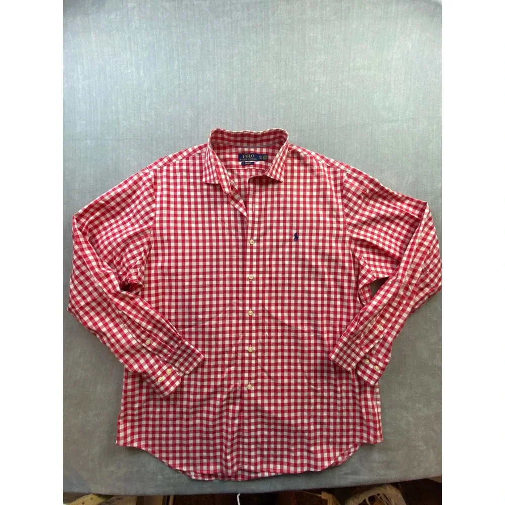 Polo Ralph Lauren Mens XL Gingham Shirt Red White Non-Iron Long Sleeve Button